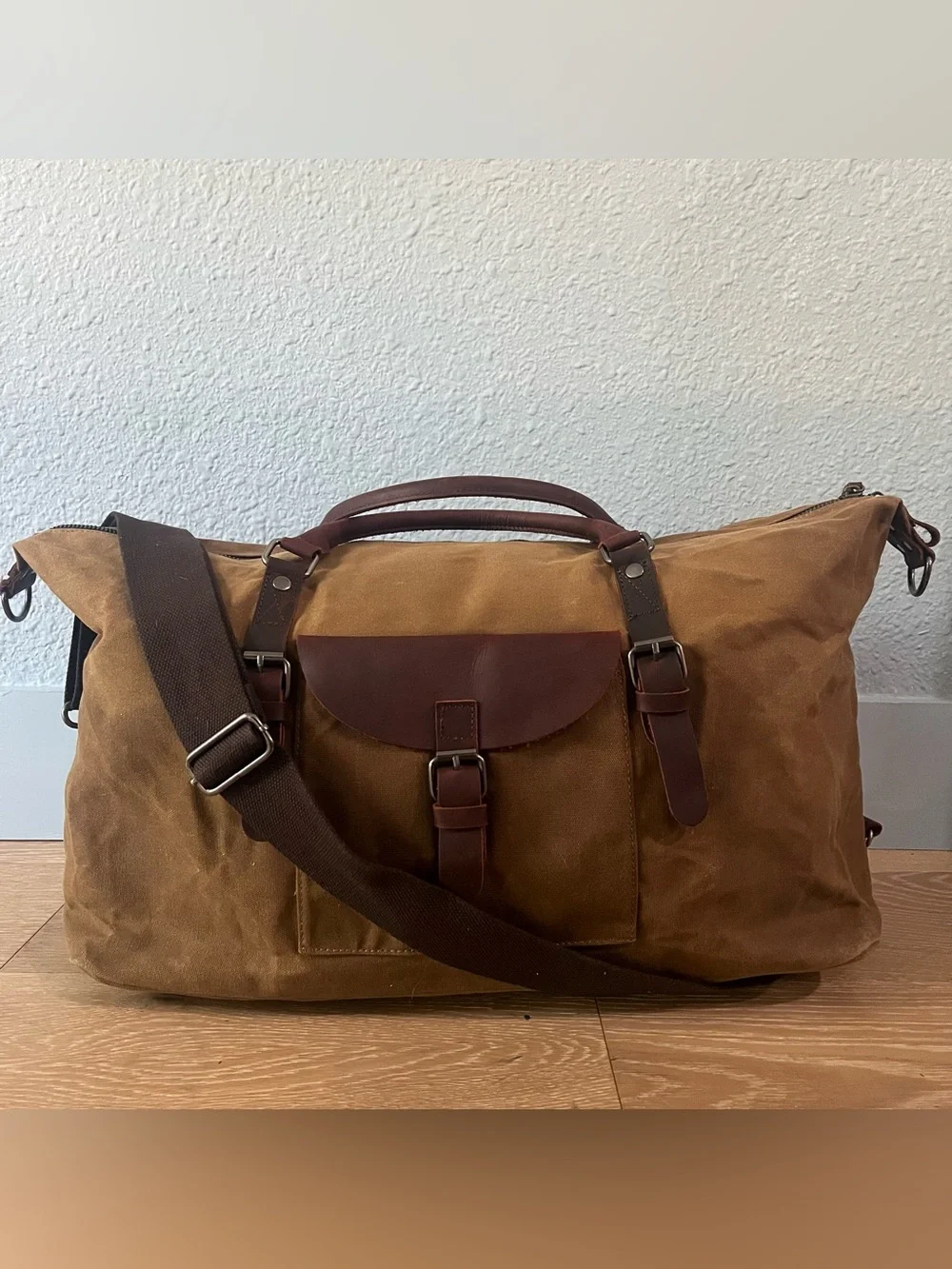 NEWHEY 55L Waxed Canvas & Leather Weekender Duffel Bag Brown